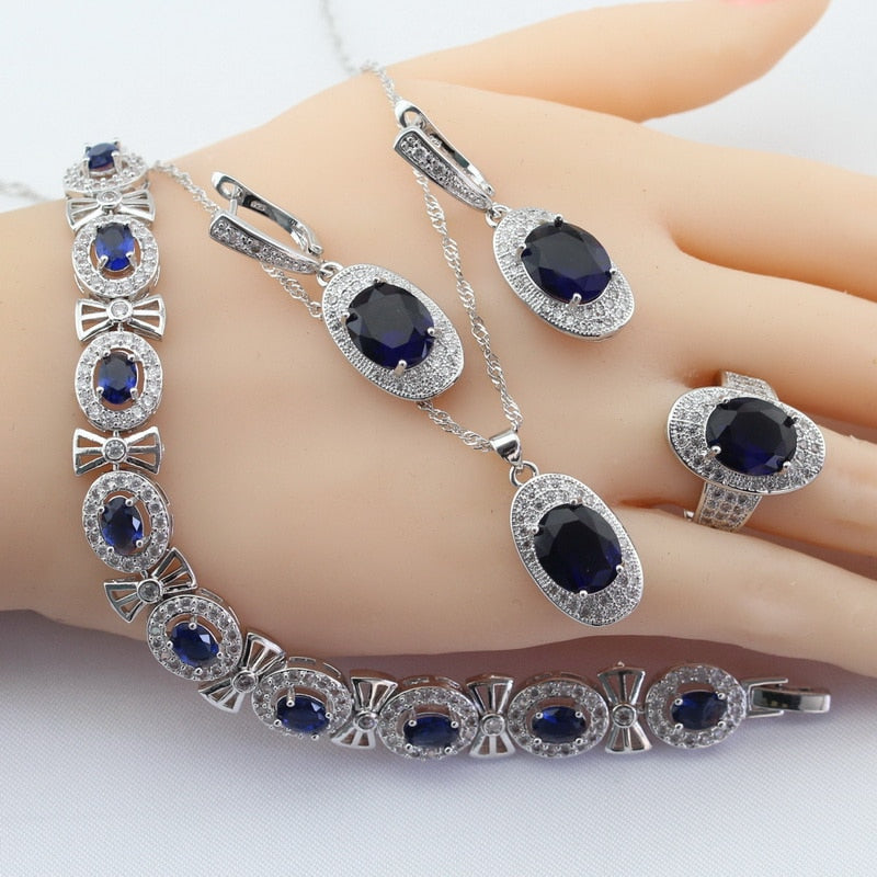 Silver Color Jewelry Sets Blue Crystal White Necklace Pendant Earrings Ring Bracelet