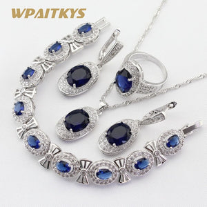 Silver Color Jewelry Sets Blue Crystal White Necklace Pendant Earrings Ring Bracelet