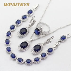 Silver Color Jewelry Sets Blue Crystal White Necklace Pendant Earrings Ring Bracelet