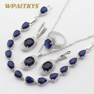 Silver Color Jewelry Sets Blue Crystal White Necklace Pendant Earrings Ring Bracelet