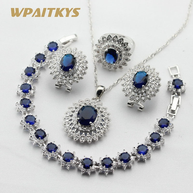 Silver Dark Blue White Cubic Zirconia Jewelry Set